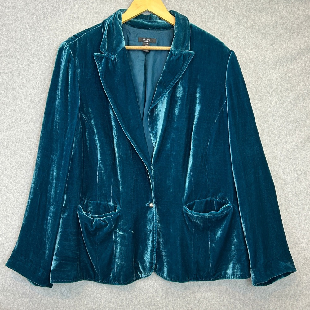 Alfani Size 20W Teal Blue Velvet Blazer Silk Blend Evening Jacket Modern Artsy